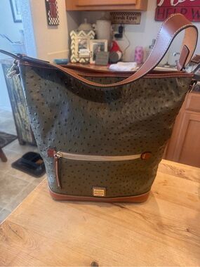 Dooney & Bourke Olive Green Ostrich-Texture Shoulder Bag with Brown Trim